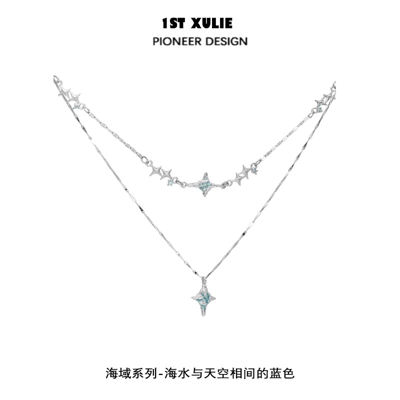 1ST XULIE Blue Starry Sky Necklace featuring a double-layer design with star pendants
