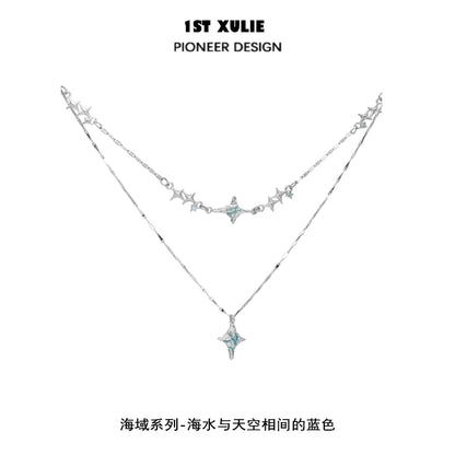 1ST XULIE Blue Starry Sky Necklace featuring a double-layer design with star pendants