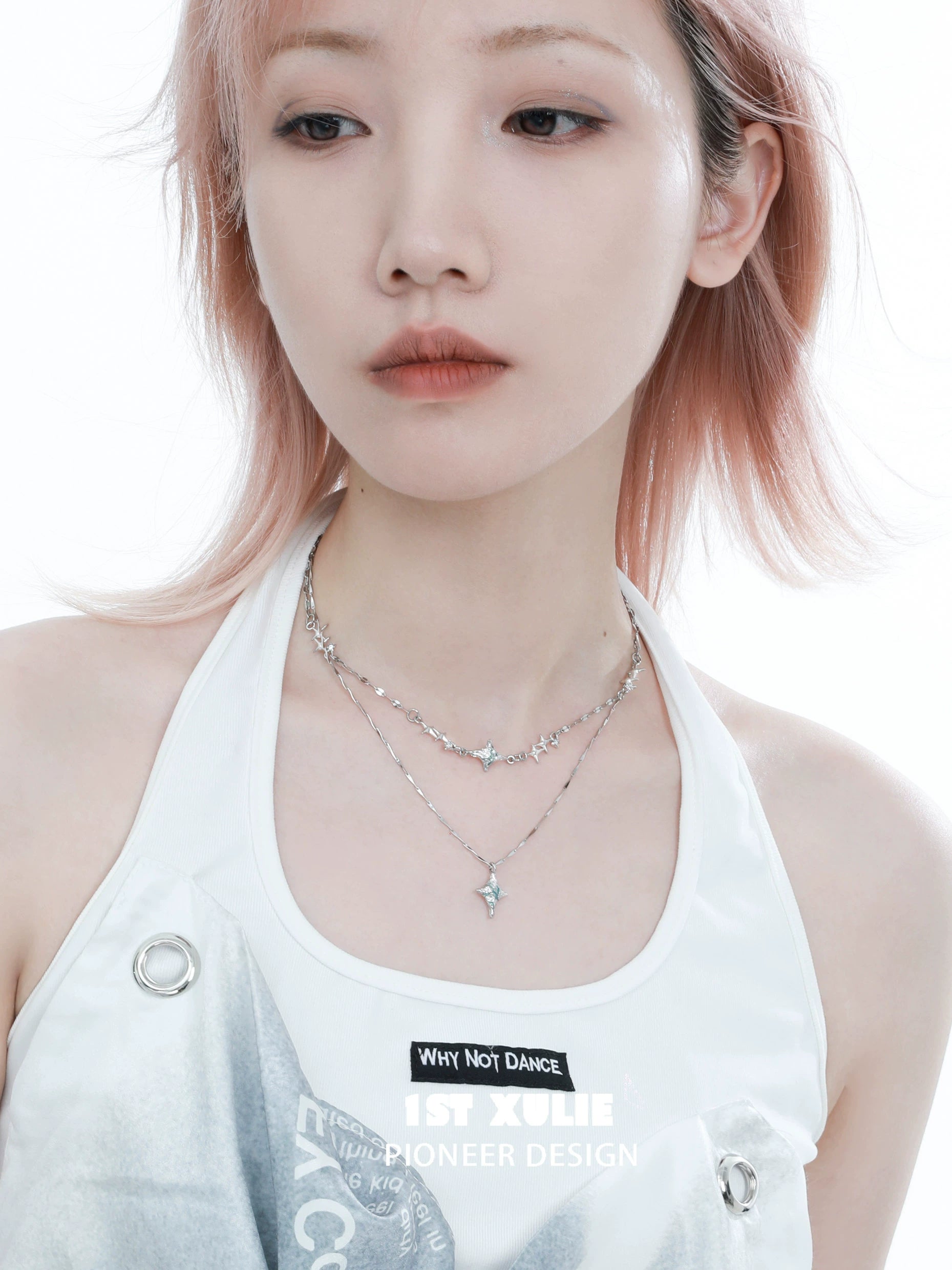 Elegant blue starry sky necklace on a model, showcasing a celestial design perfect for any outfit