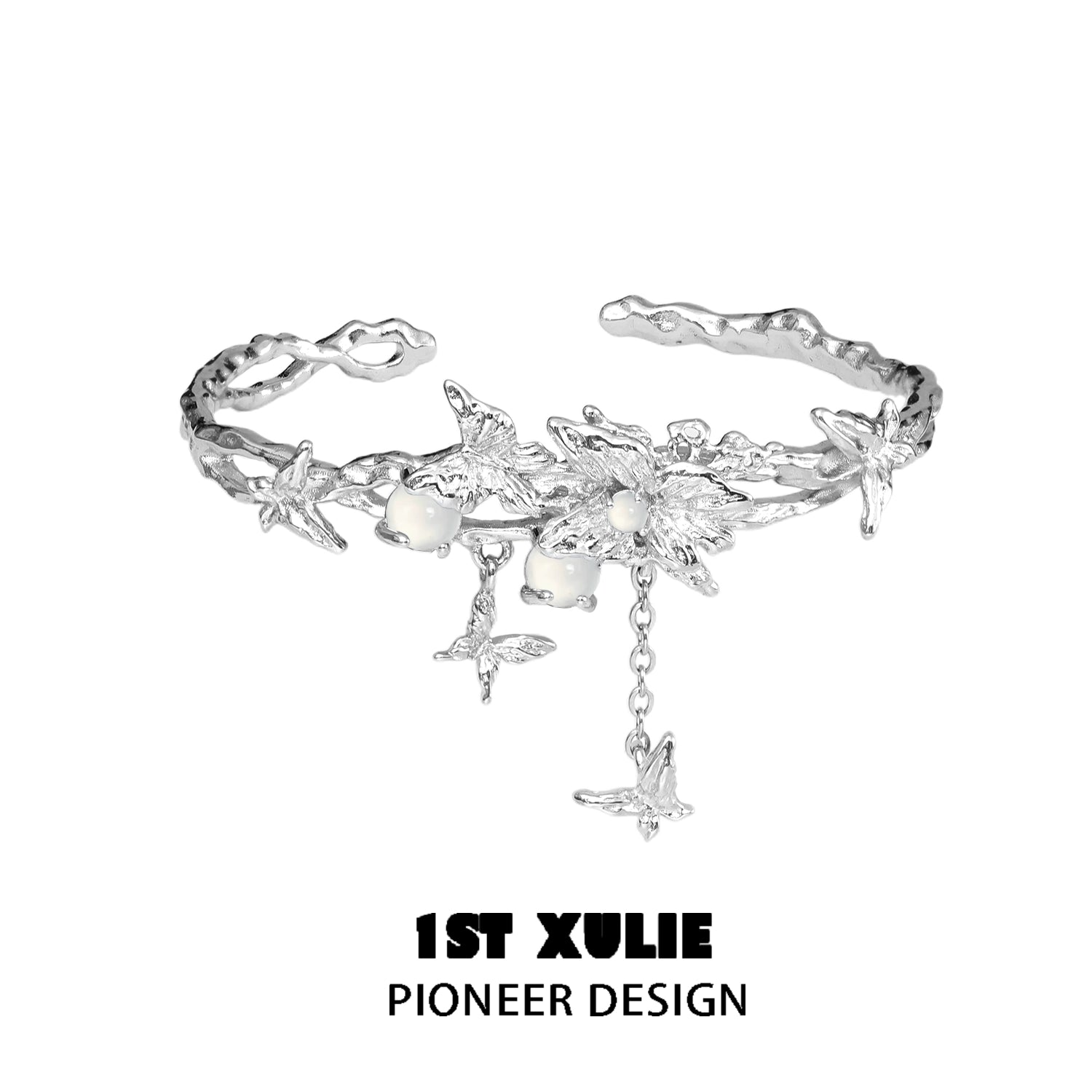 Butterfly tassel white agate bracelet with elegant silver design and dangling charms