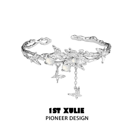 Butterfly tassel white agate bracelet with intricate silver design from 1ST XULIE