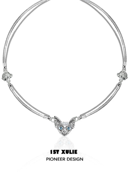 1STXULIE Cat Clavicle Necklace with Silver Chain and Blue Gem Eyes for Stylish Cat Lovers