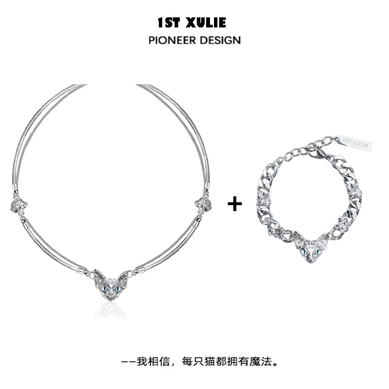 Elegant 1ST XULIE cat clavicle necklace with heart pendant and matching bracelet for stylish outfits