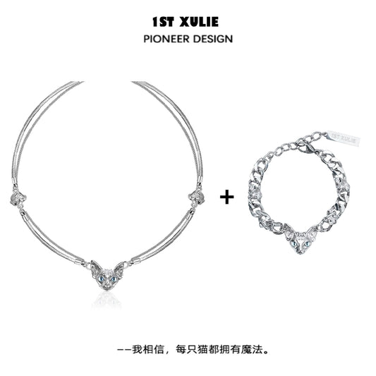 Elegant 1ST XULIE cat clavicle necklace with heart pendant and matching bracelet for stylish outfits