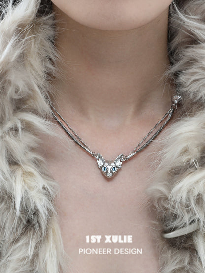 Elegant cat clavicle necklace by 1ST XULIE featuring a unique design in silver with blue accents