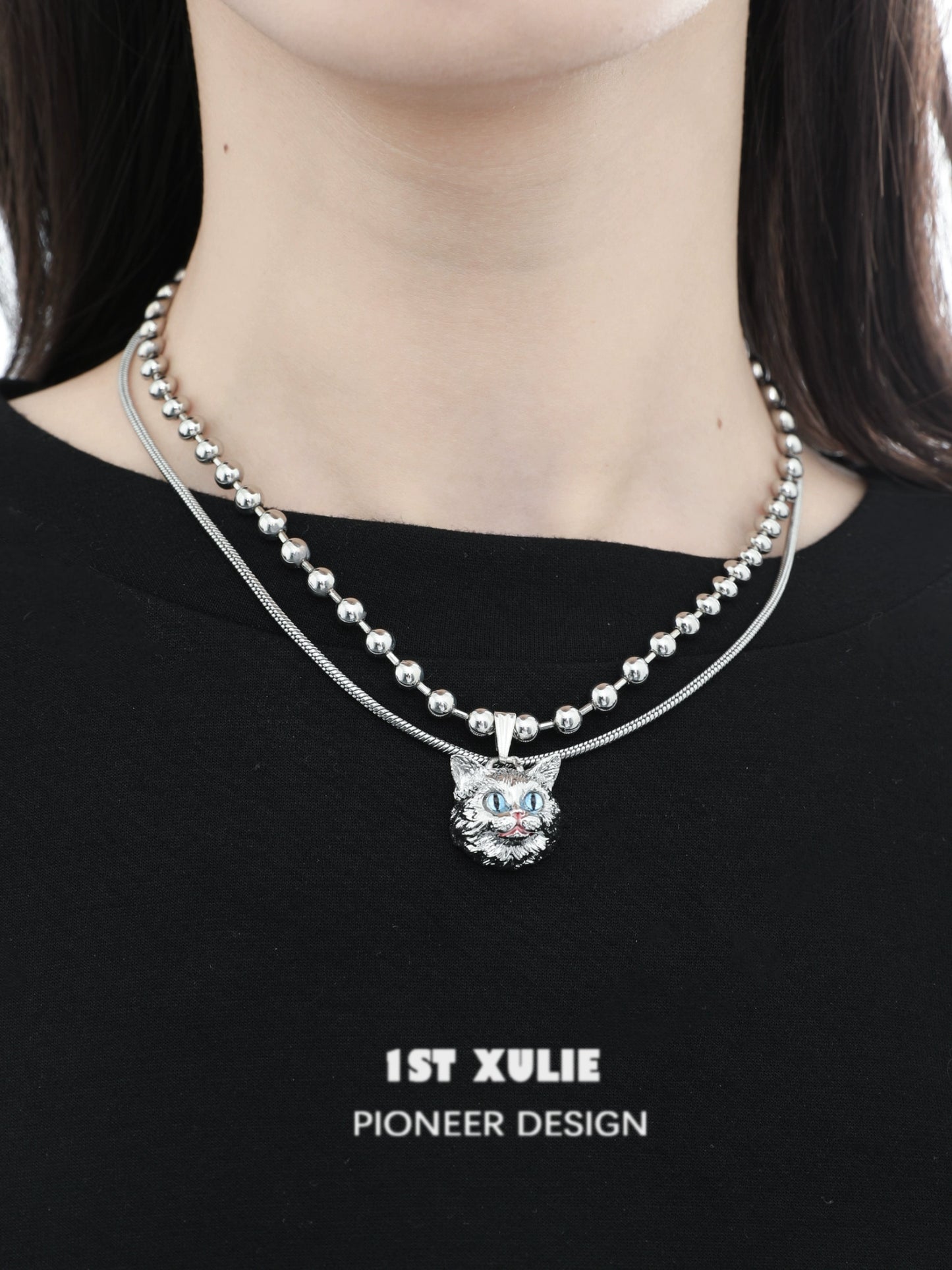 1STXULIE cat crown necklace featuring a silver cat pendant and beaded chain