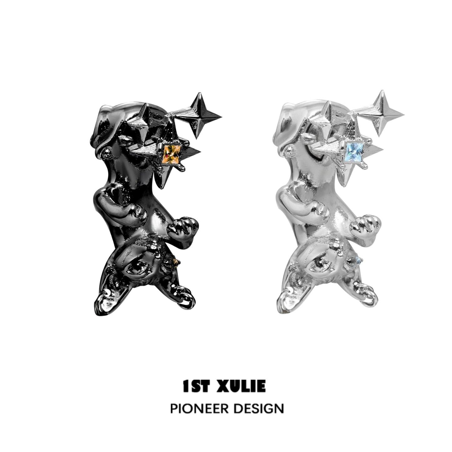 Unique cat star stud earrings featuring sparkling gemstones in a playful design by 1STXULIE