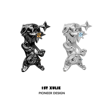 Unique cat star stud earrings featuring sparkling gemstones in a playful design by 1STXULIE