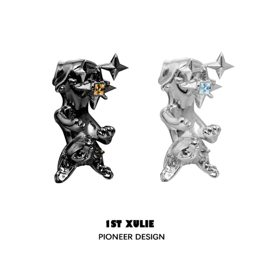 Unique cat star stud earrings featuring sparkling gemstones in a playful design by 1STXULIE