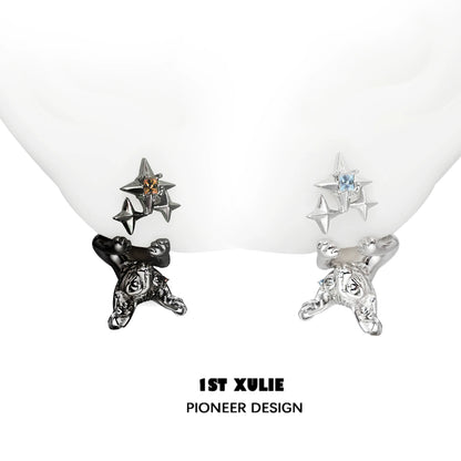 1ST XULIE Cat Star Stud Earrings in Silver and Black with Shiny Gem Details