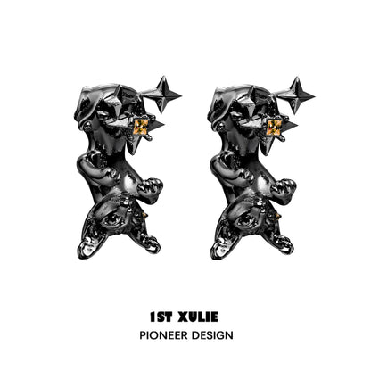 1ST XULIE Cat Star Stud Earrings in Black Finish with Unique Star Design