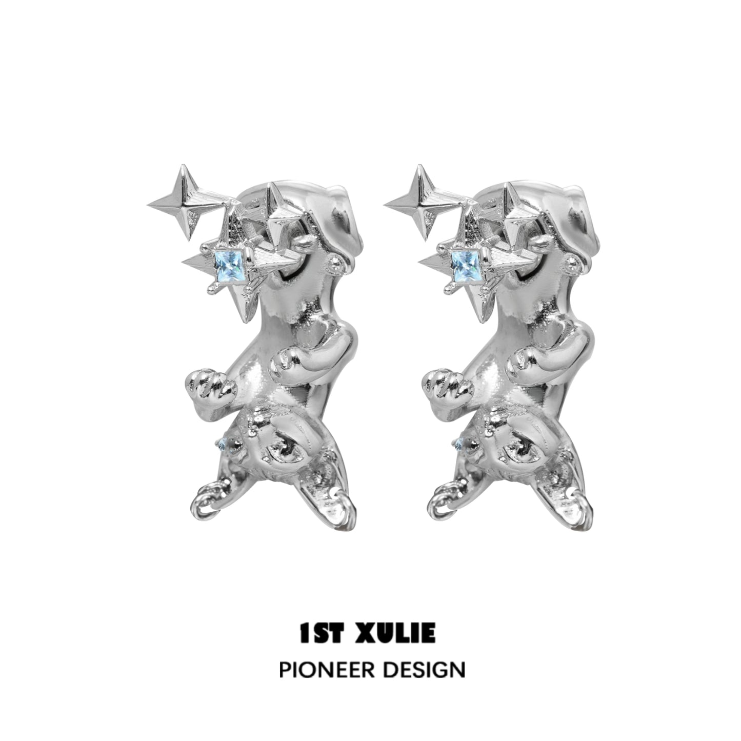 Shiny silver cat star stud earrings with blue gems for a playful and stylish look