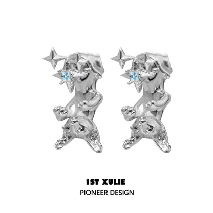 Shiny silver cat star stud earrings with blue gems for a playful and stylish look