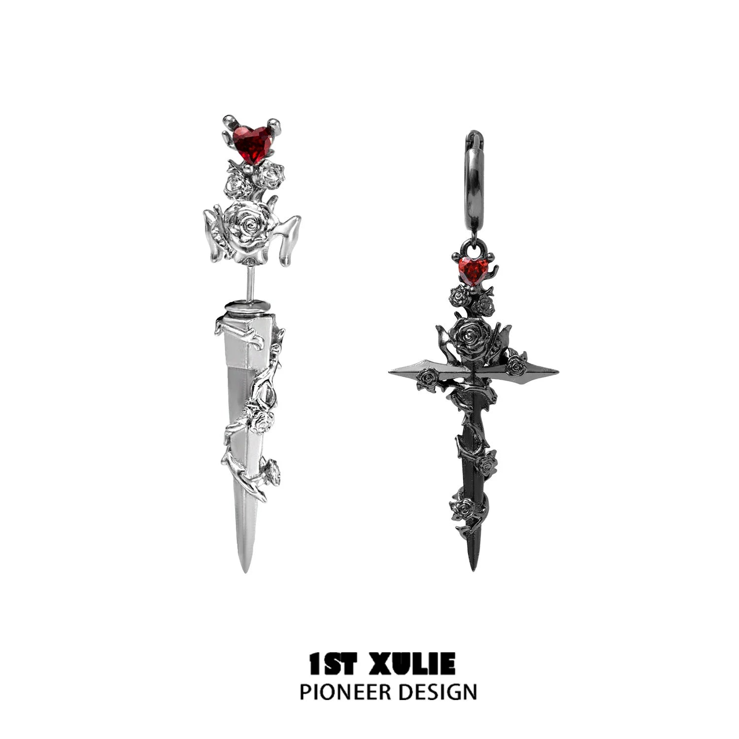 Unique cathedral rose piercing earrings with red heart accents and intricate design details