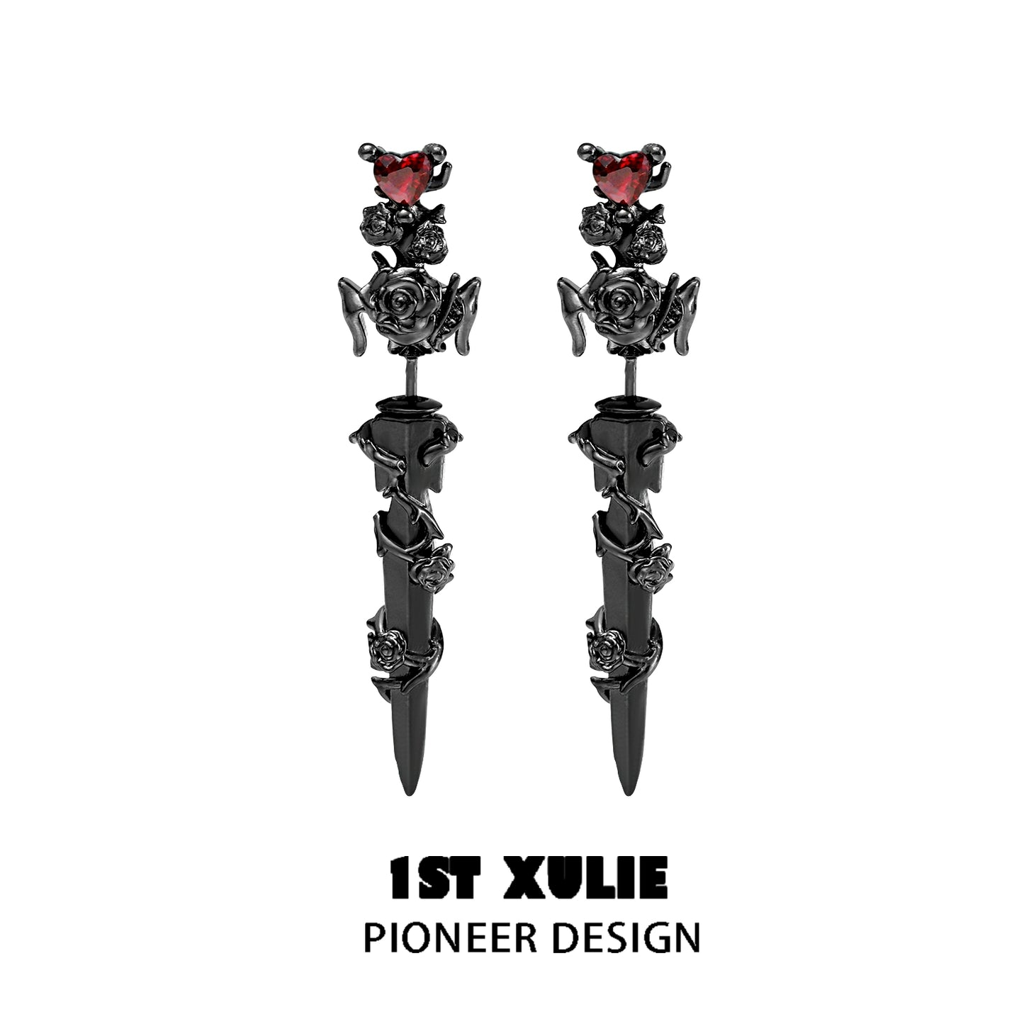 Black Cathedral Rose Piercing Earrings with Red Heart Accents and Unique Design by 1ST XULIE