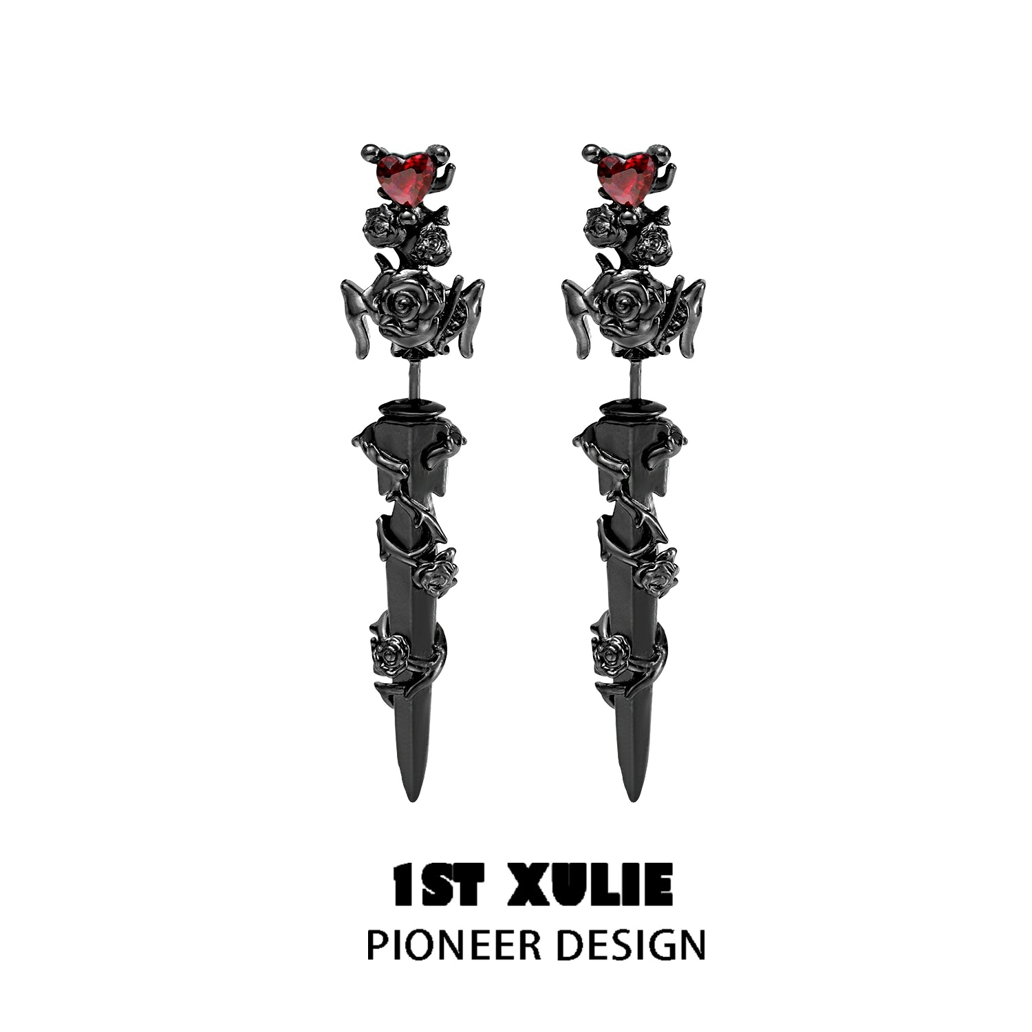 Black Cathedral Rose Piercing Earrings with Red Heart Accents and Unique Design by 1ST XULIE