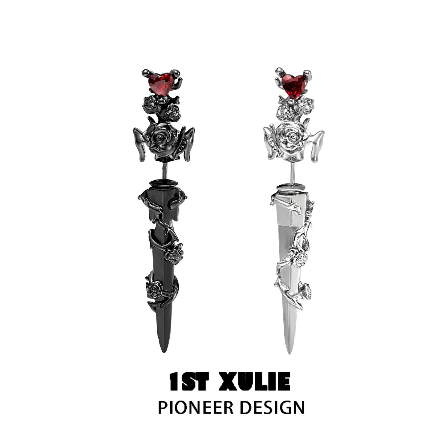 Cathedral rose piercing earrings featuring elegant rose designs and heart accents in black and silver