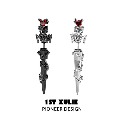 Cathedral rose piercing earrings featuring elegant rose designs and heart accents in black and silver