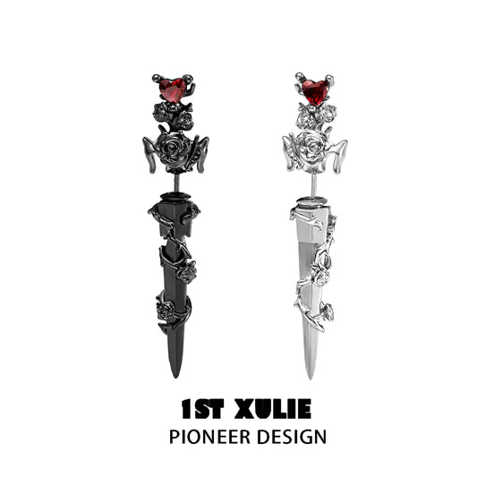Cathedral rose piercing earrings featuring elegant rose designs and heart accents in black and silver