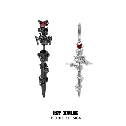 Cathedral rose piercing earrings featuring intricate design and red gemstone embellishments