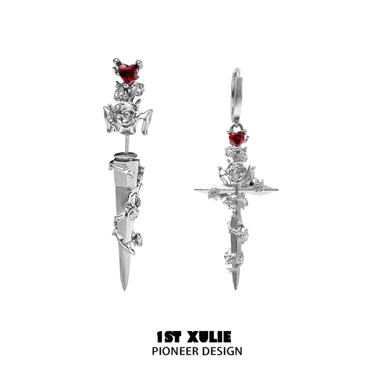 1ST XULIE cathedral rose piercing earrings with a red heart and floral design for a unique look