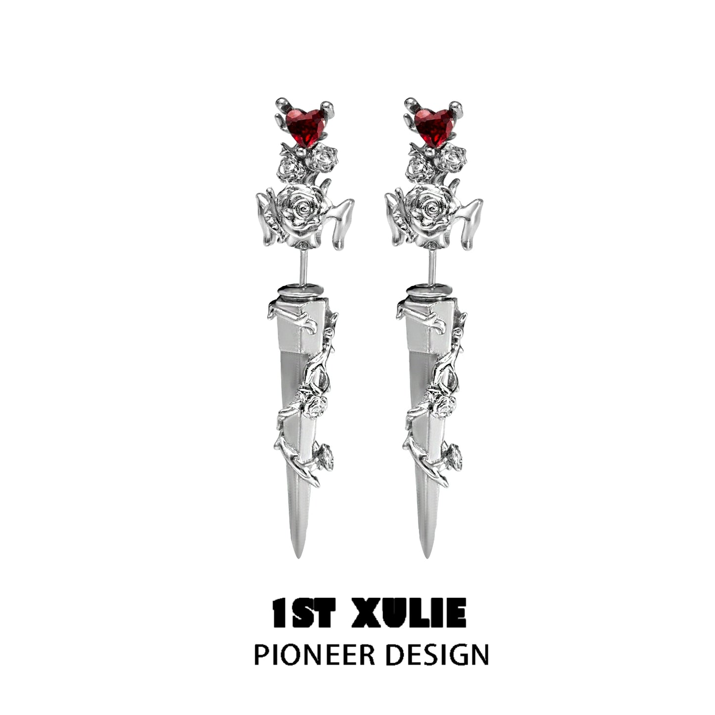 1ST XULIE cathedral rose piercing earrings featuring red heart accents and a stylish design