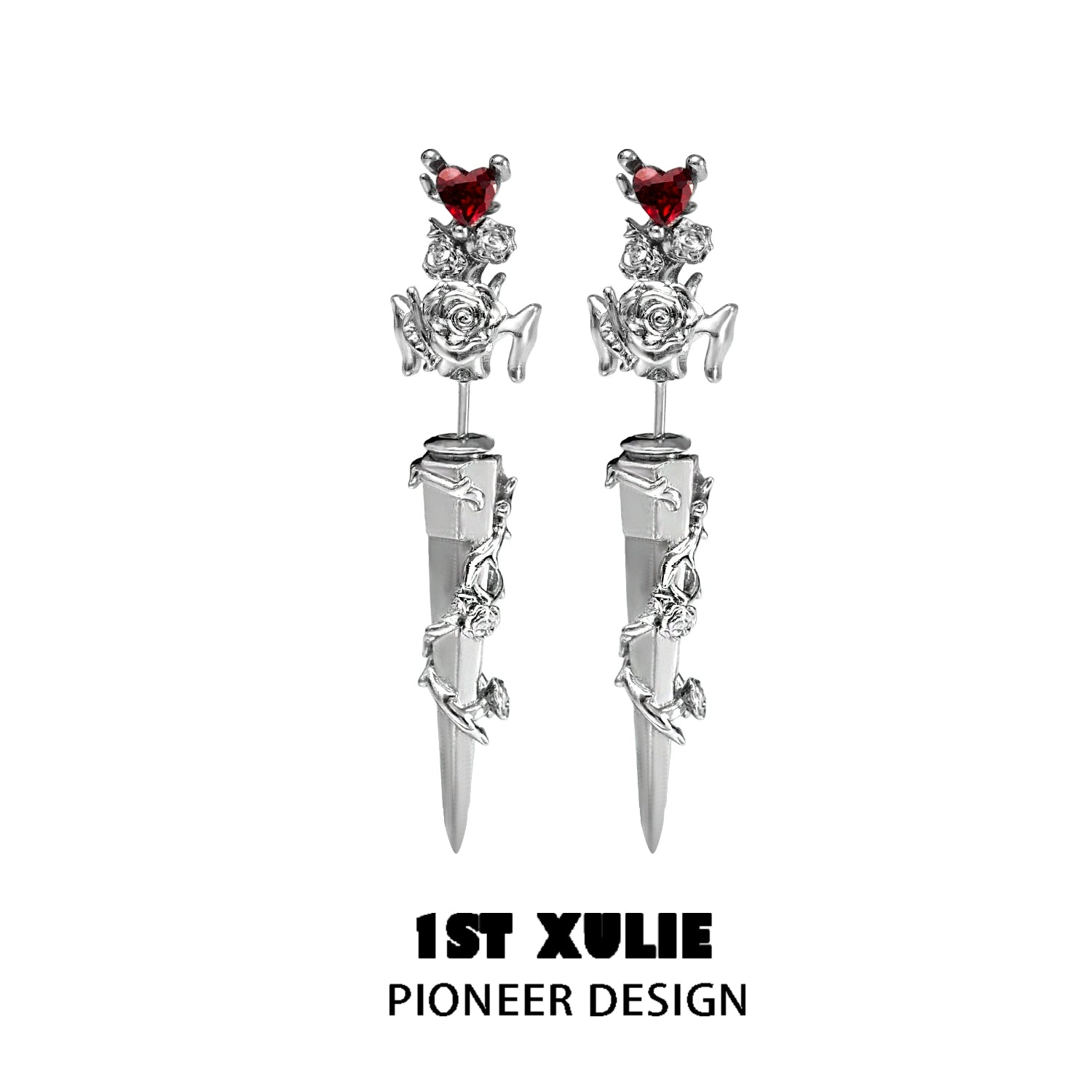 1ST XULIE cathedral rose piercing earrings featuring red heart accents and a stylish design