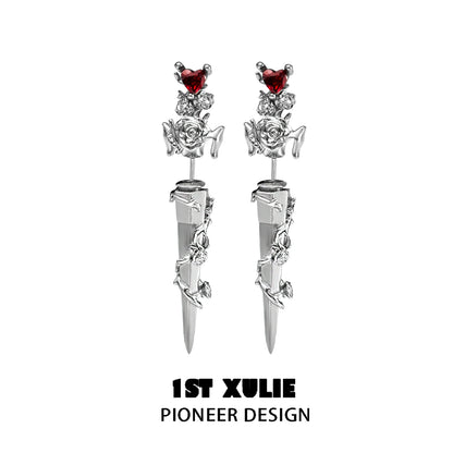 1ST XULIE cathedral rose piercing earrings featuring red heart accents and a stylish design