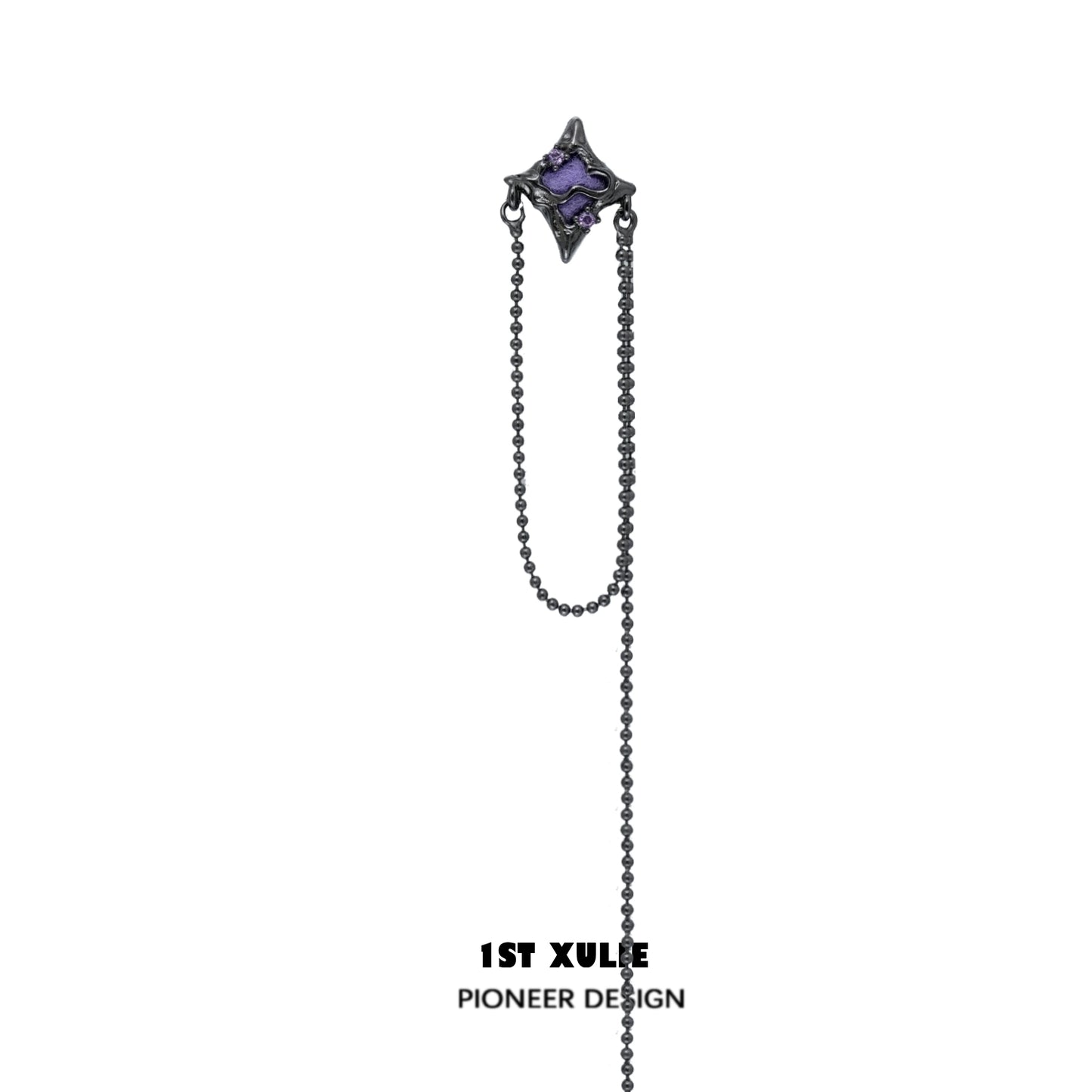 Unique celestial ear cuff jewelry in black with a chain and purple gemstone detail