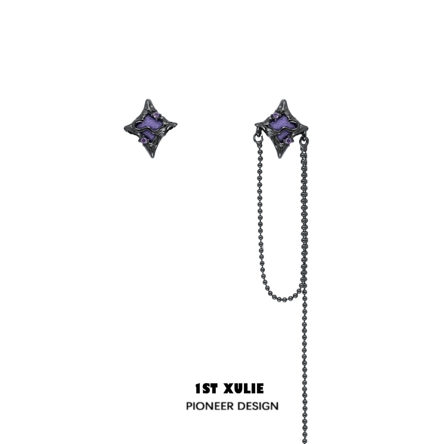 Stunning celestial ear cuff jewelry featuring a purple gem in a unique design with a connecting chain
