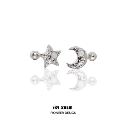 Silver cosmic moon and star earrings with opal details for a celestial-inspired look