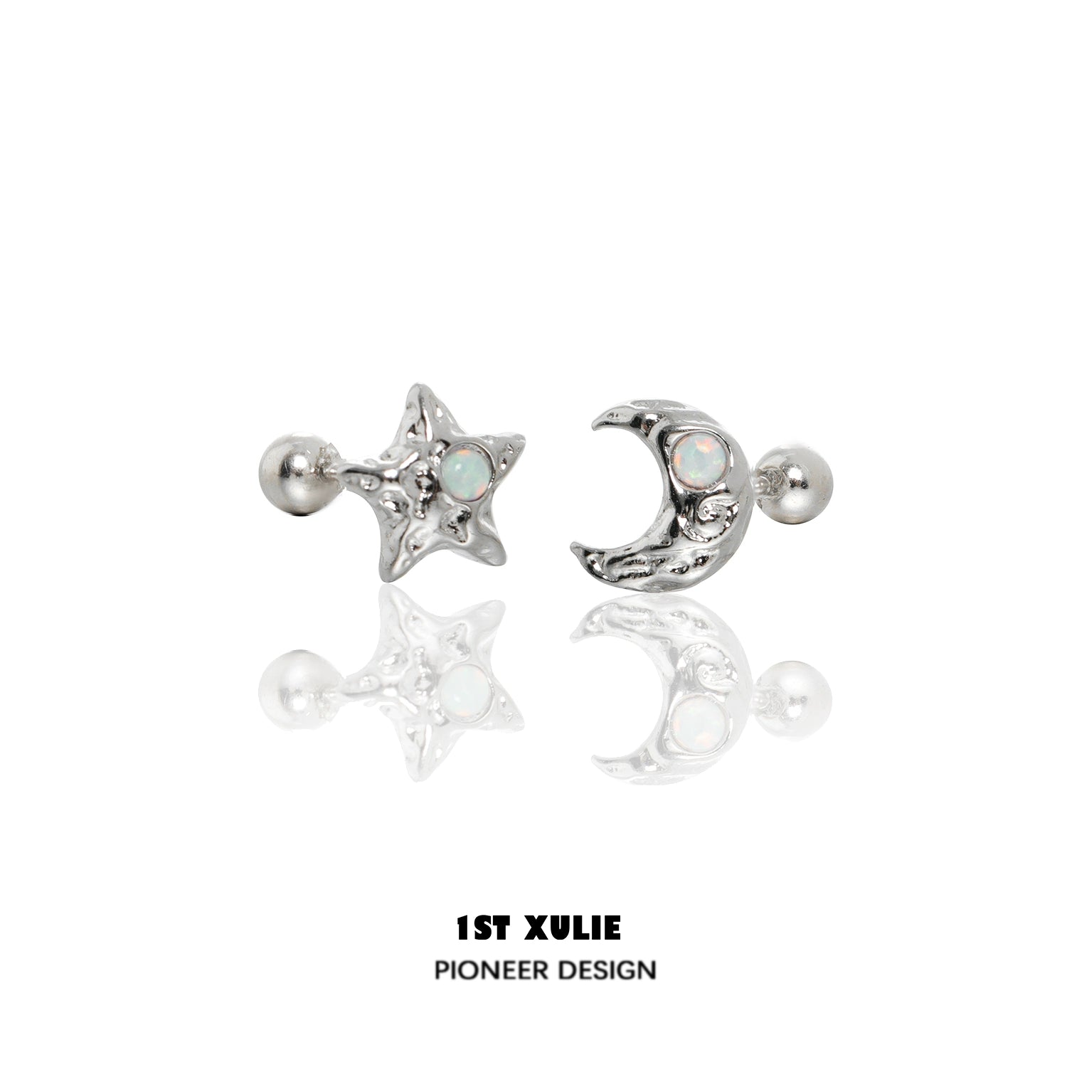 Silver cosmic moon and star earrings with opal accents for a shimmering celestial look