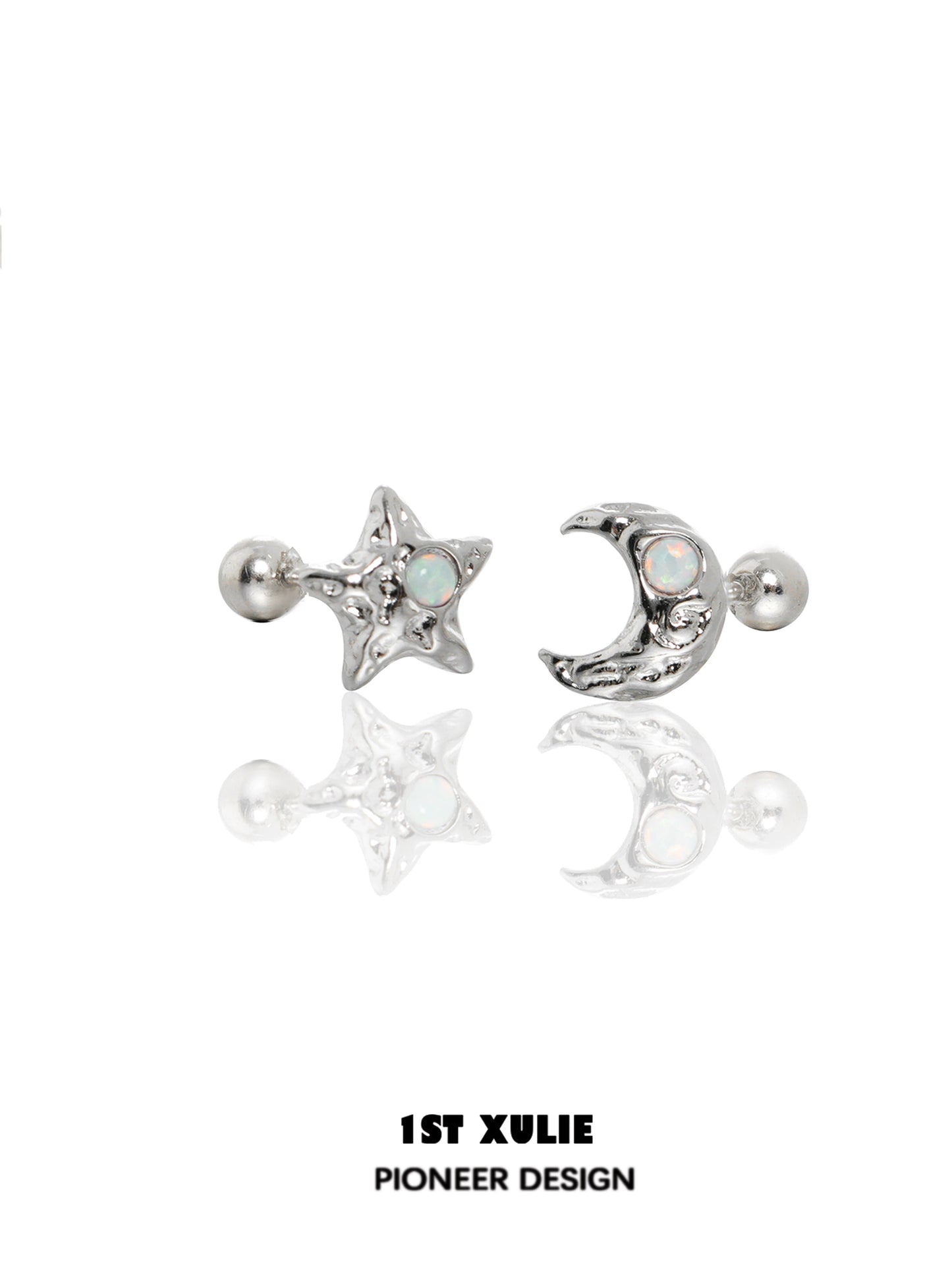 Silver cosmic moon and star earrings with iridescent details for a celestial look