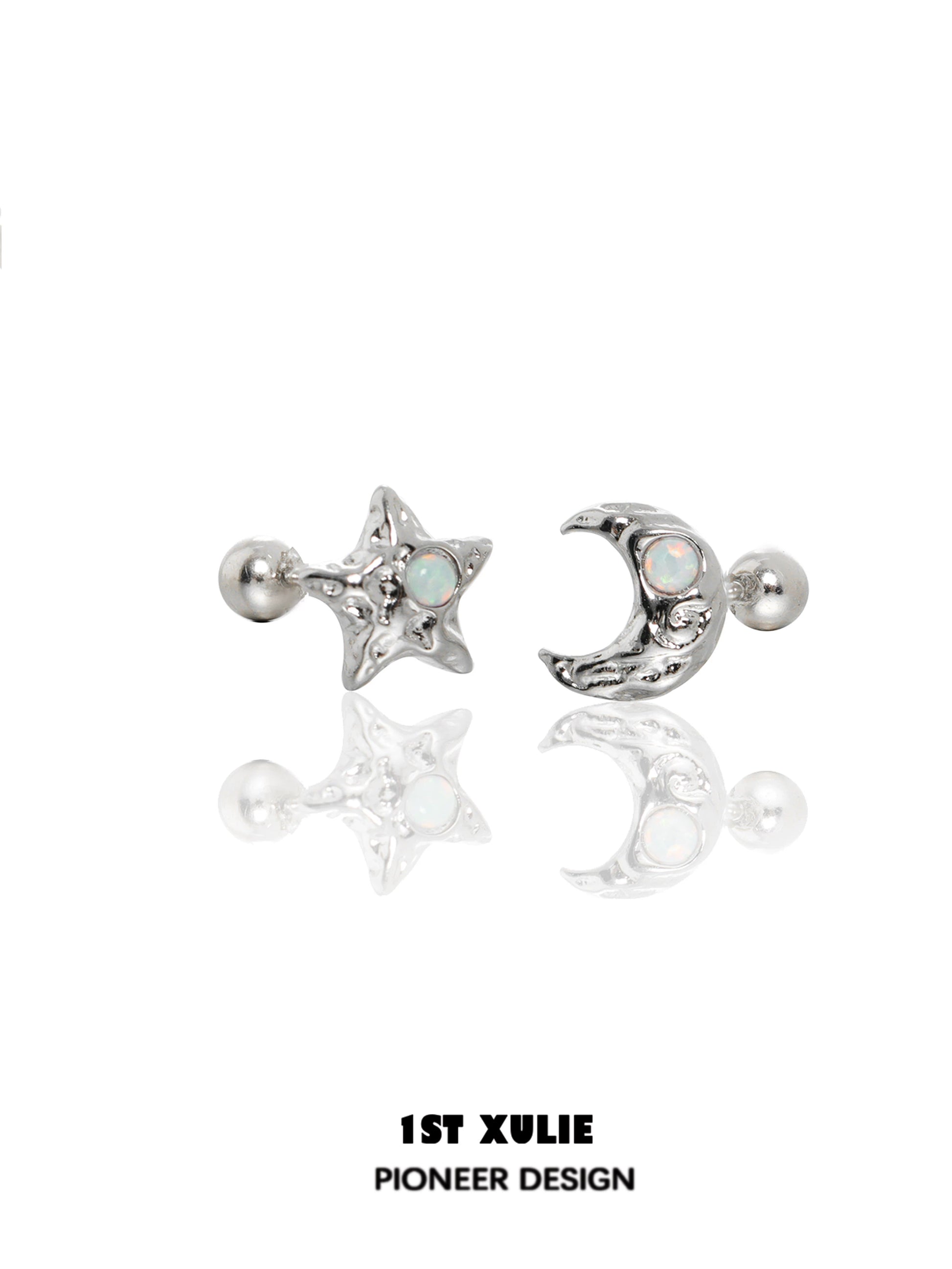 Silver cosmic moon and star earrings with iridescent details for a celestial look