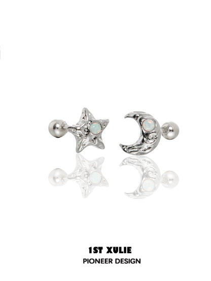Silver cosmic moon and star earrings with iridescent details for a celestial look