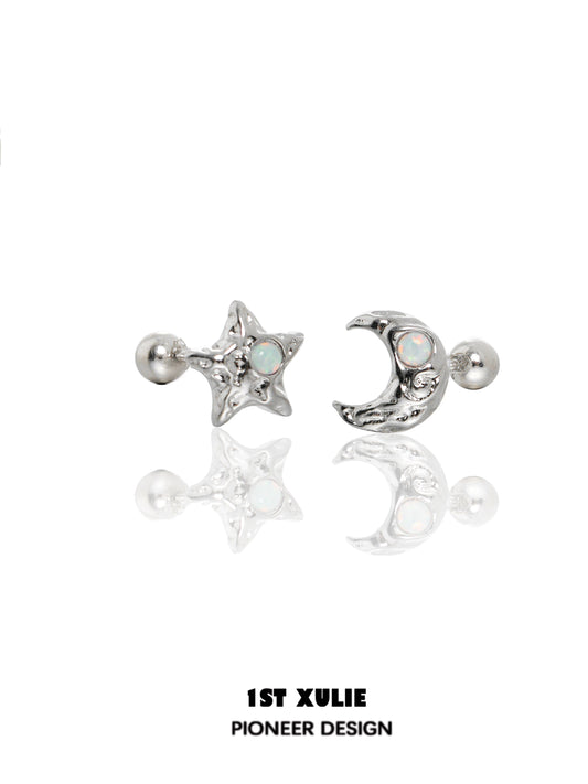 Silver cosmic moon and star earrings with iridescent details for a celestial look