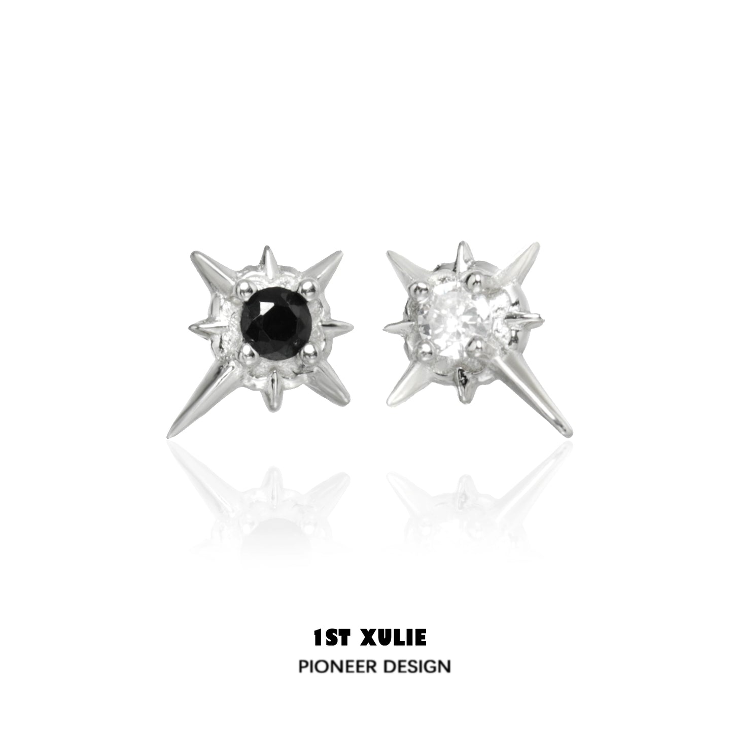 1ST XULIE Cosmic Star Earrings with Black and Clear Gemstones in a Spiky Design