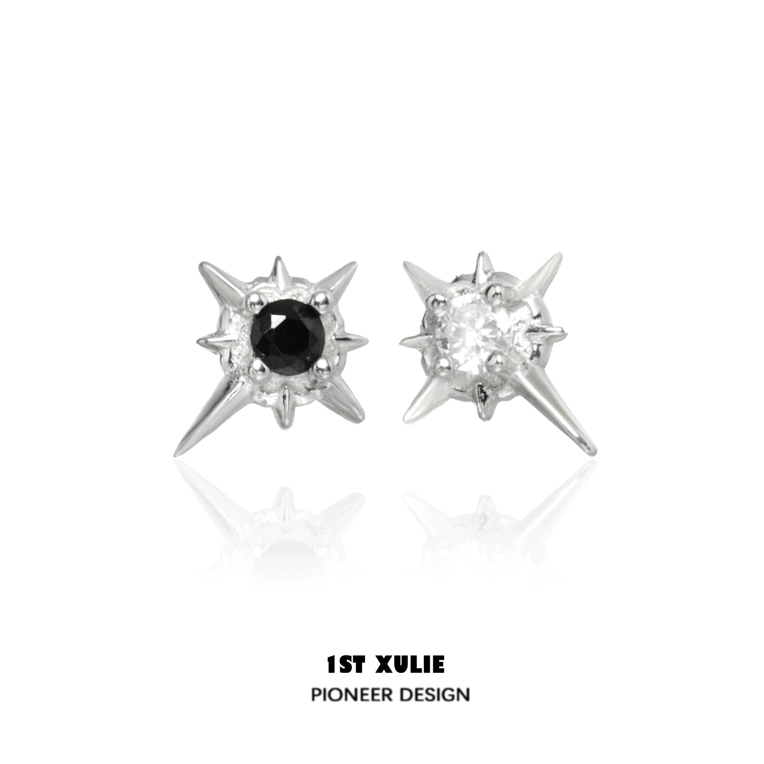 1ST XULIE Cosmic Star Earrings with Black and Clear Gemstones in a Spiky Design