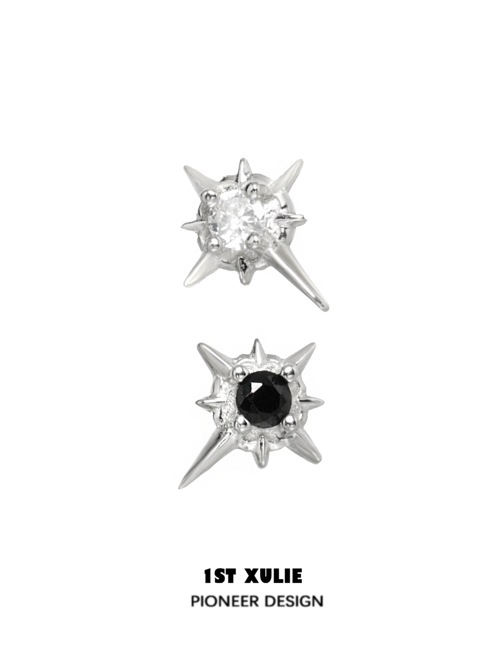 1ST XULIE Cosmic Star Earrings in Silver featuring Sparkling Clear and Black Gemstones