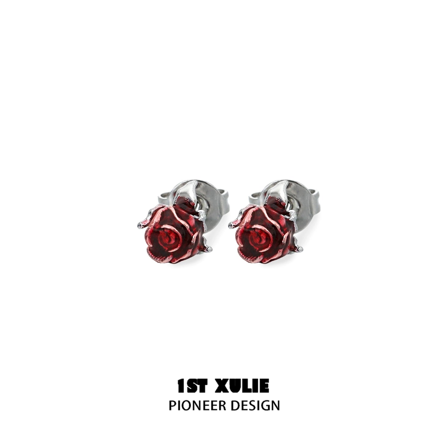 Crimson and azure rose stud earrings with detailed floral design by 1STXULIE