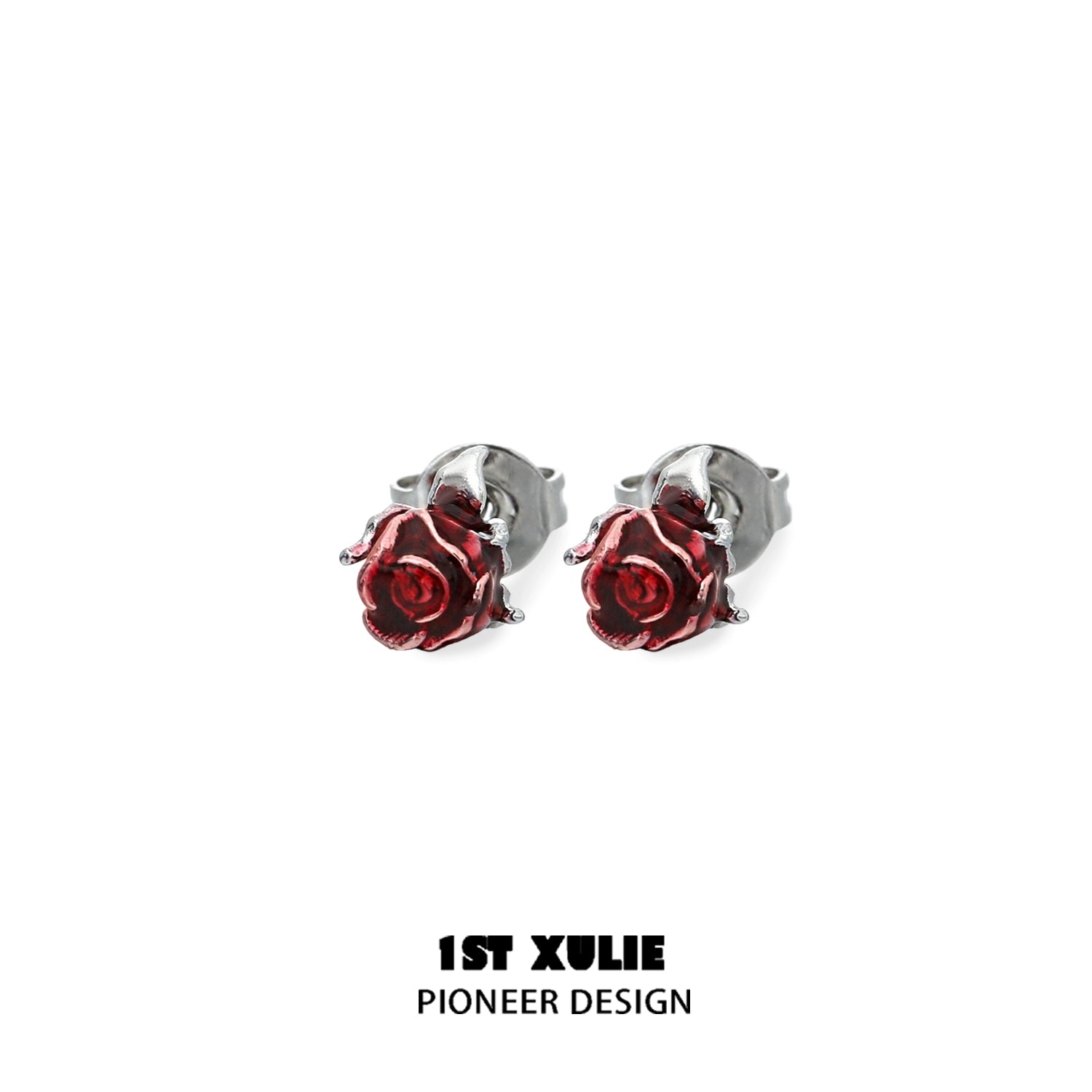 Crimson and azure rose stud earrings with detailed floral design by 1STXULIE
