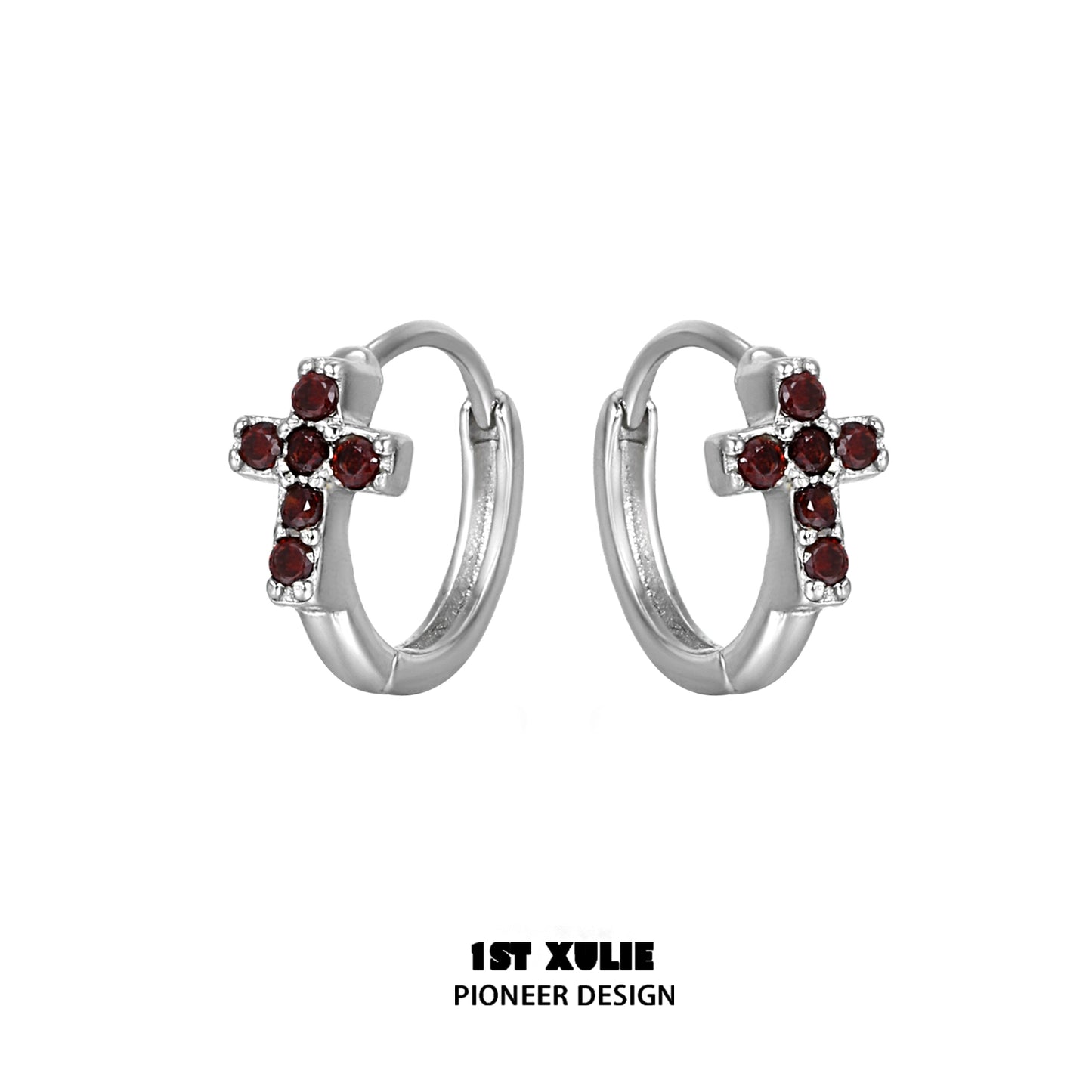 Crimson cross gothic earrings with silver hoop design and ruby-like embellishments