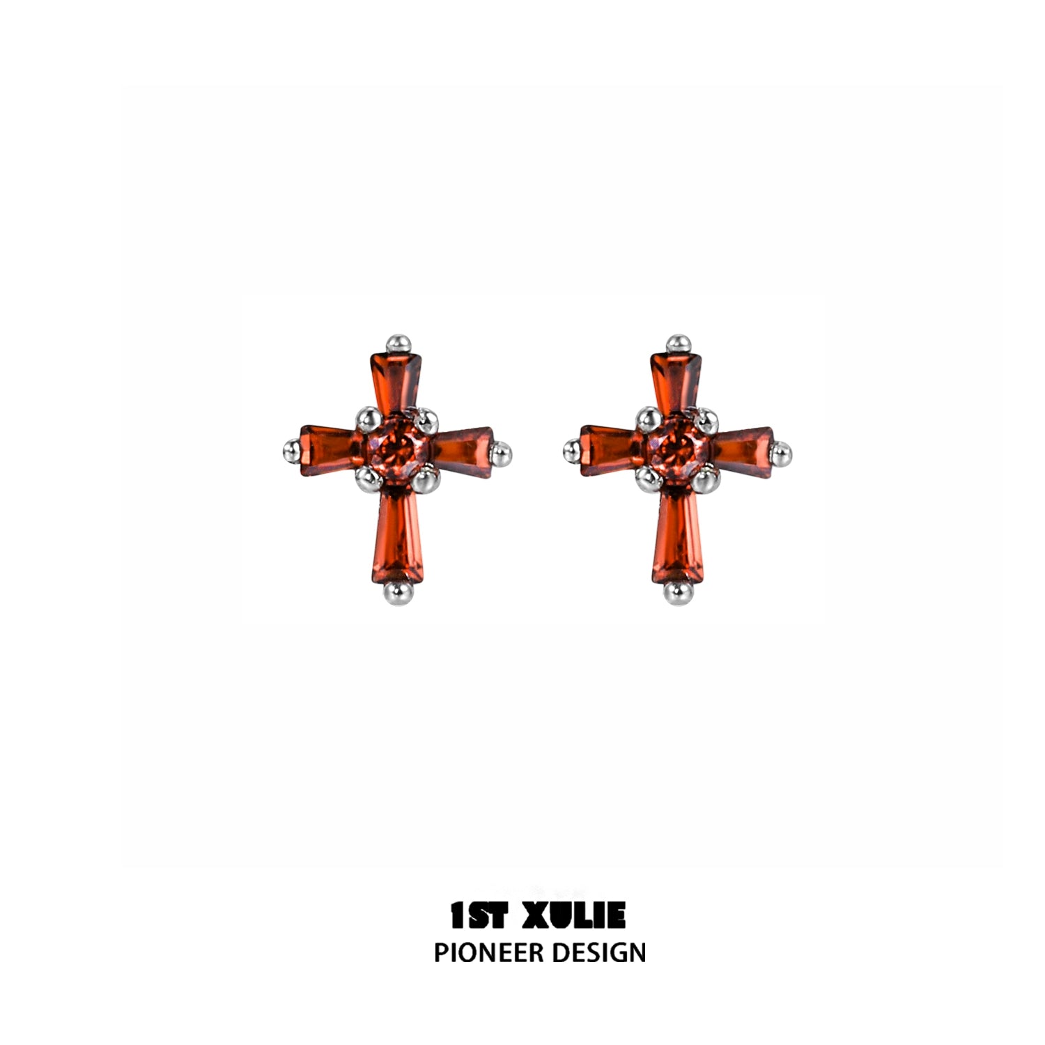 Crimson cross gothic earrings featuring intricate design and sparkling accents for a bold look