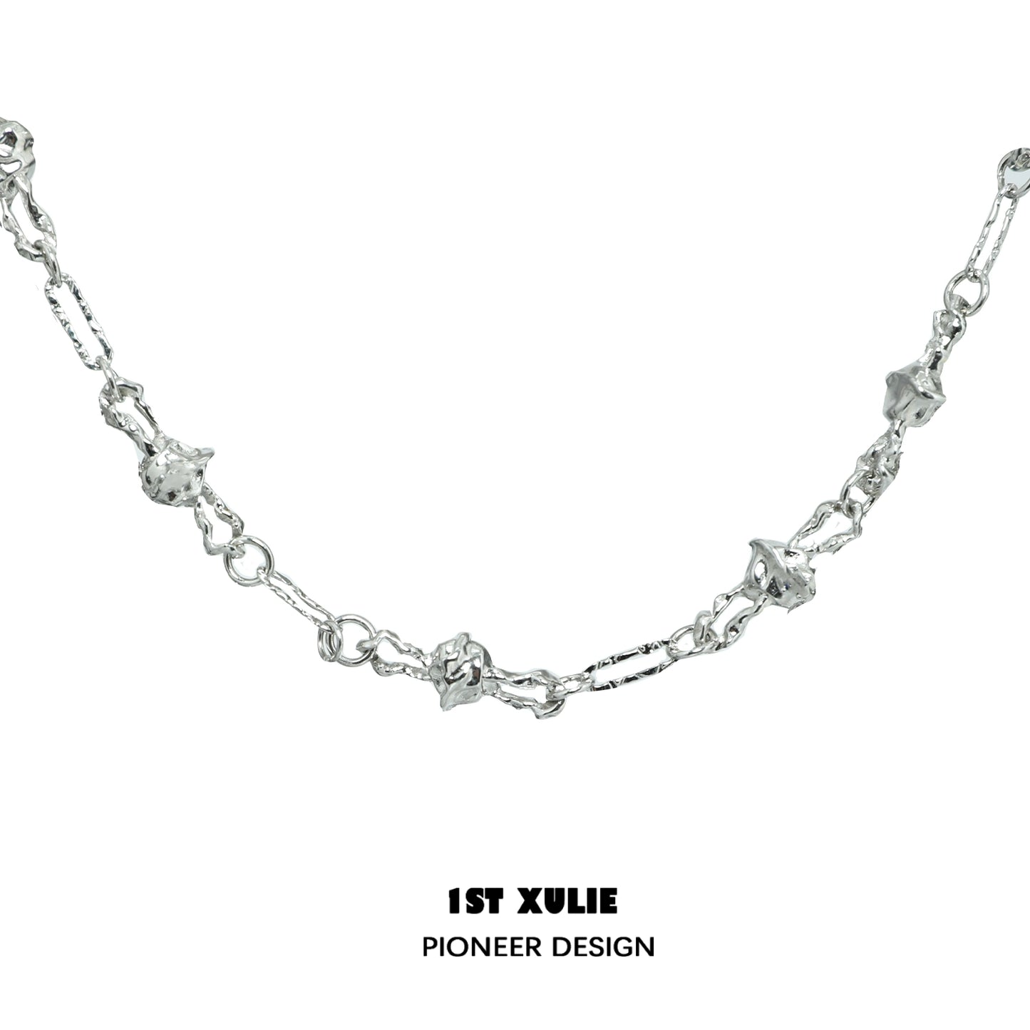 Silver crowned cat necklace designed with intricate links and elegant charm details