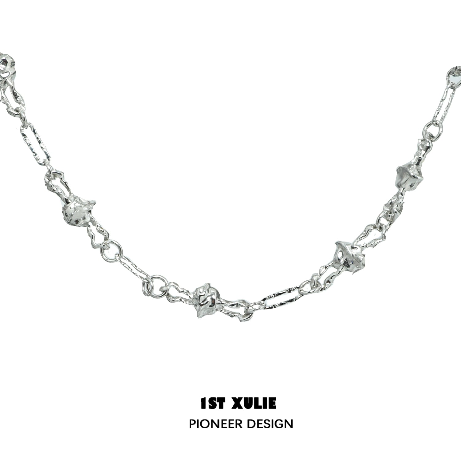 Silver crowned cat necklace designed with intricate links and elegant charm details