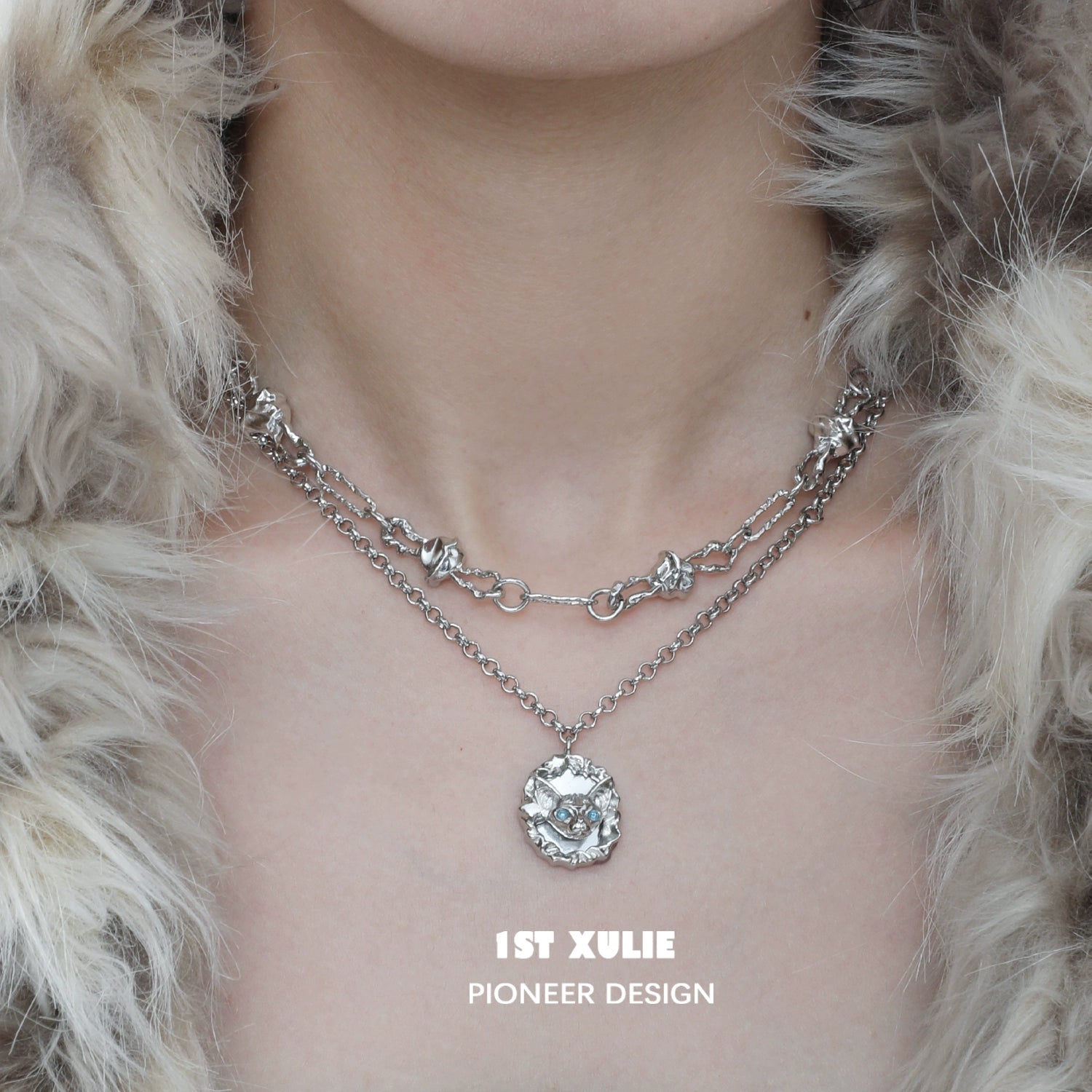 Double-layered crowned cat necklace by 1STXULIE with a stylish design and shiny silver finish