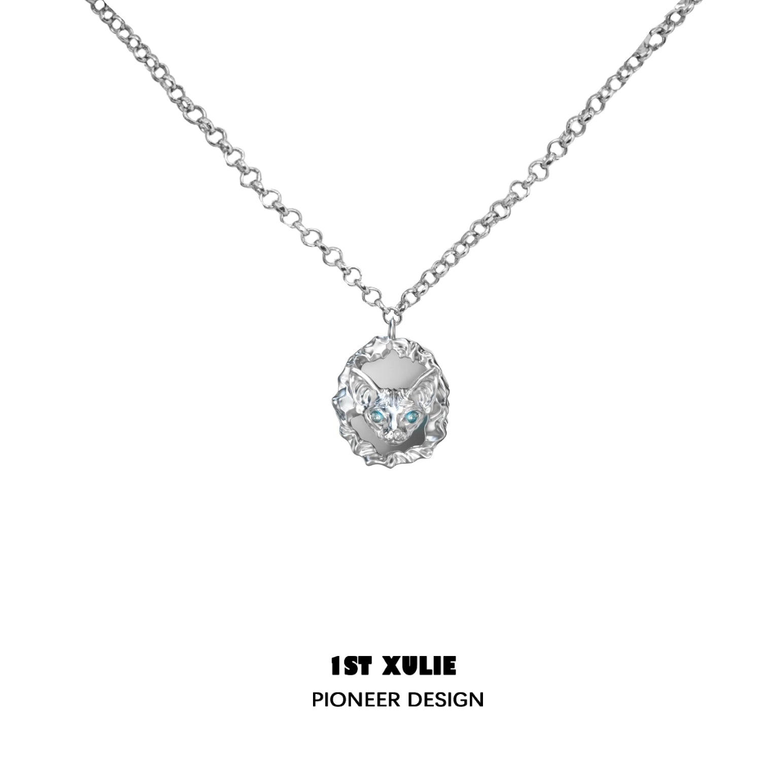 Silver crowned cat necklace with a detailed design and sparkling accent stones