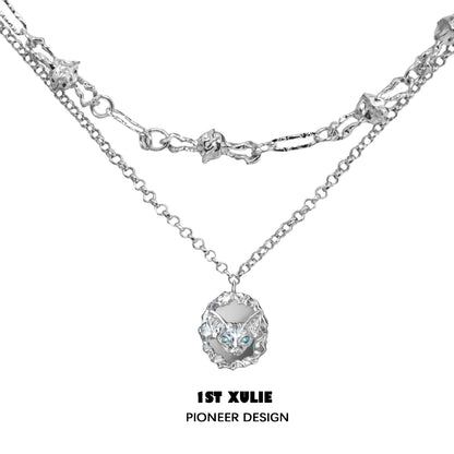 1STXULIE Crowned Cat Necklace in Silver with Unique Design and Sparkling Diamond Accents