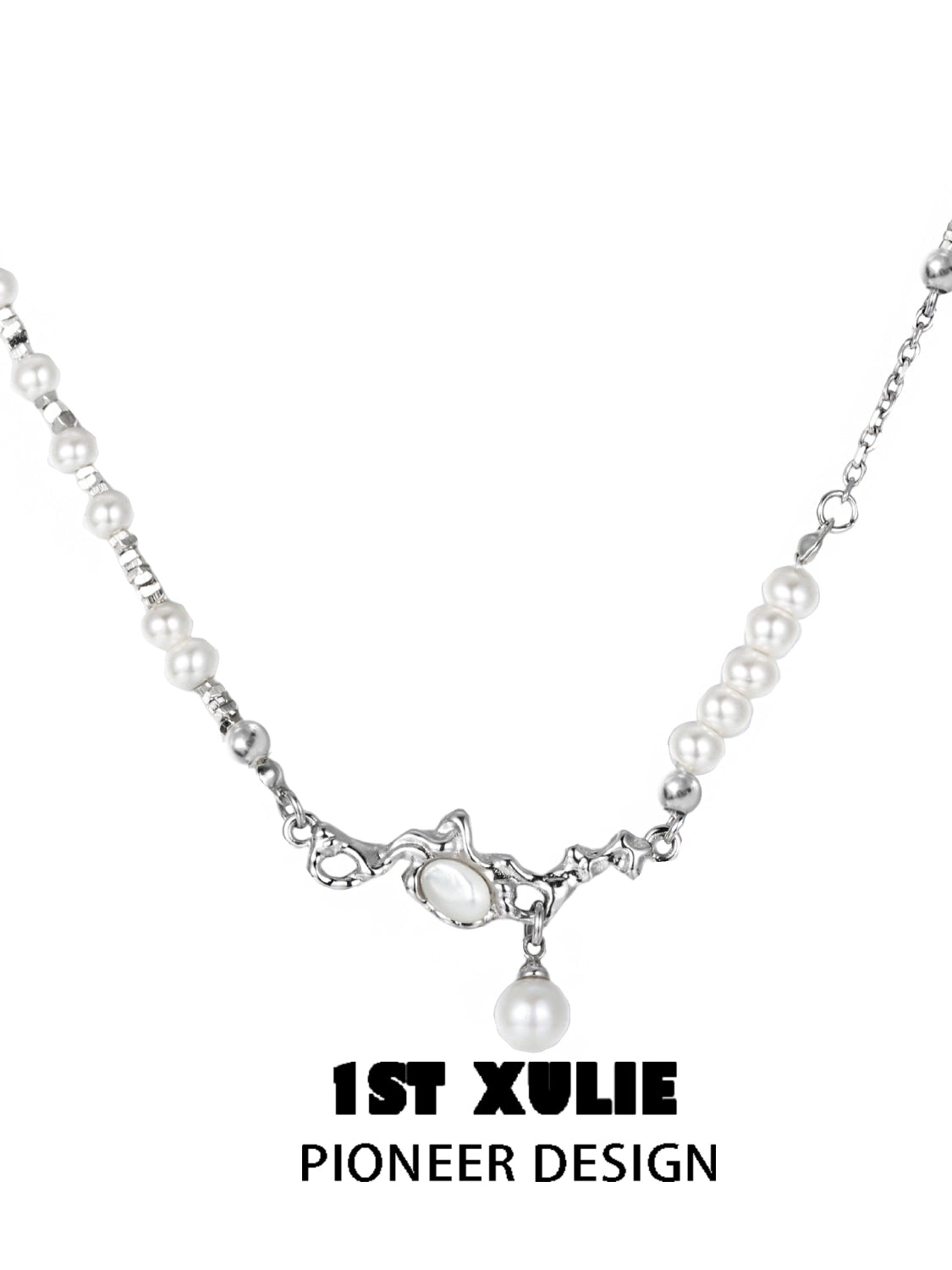 Crushed silver pearl necklace featuring a unique design with elegant pearl accents