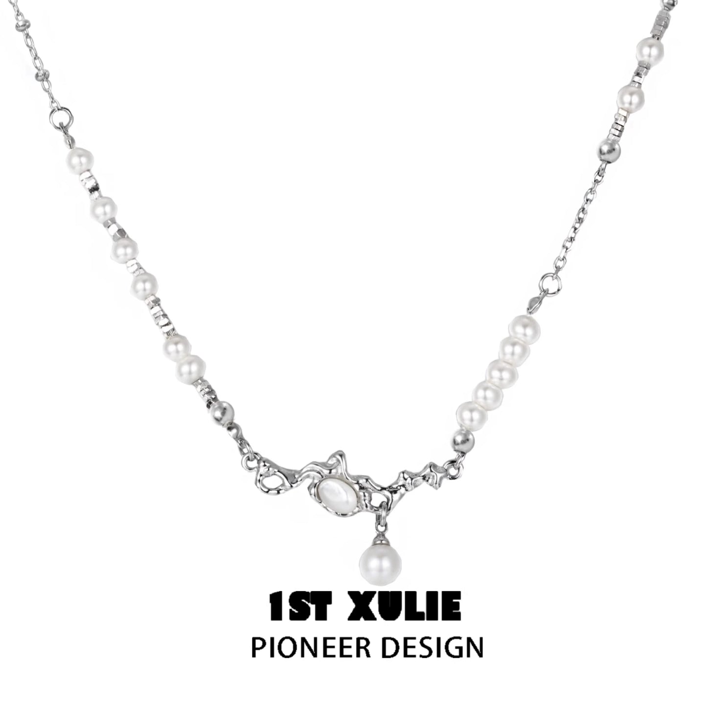 Crushed silver pearl necklace by 1ST XULIE featuring unique designs and elegant styling